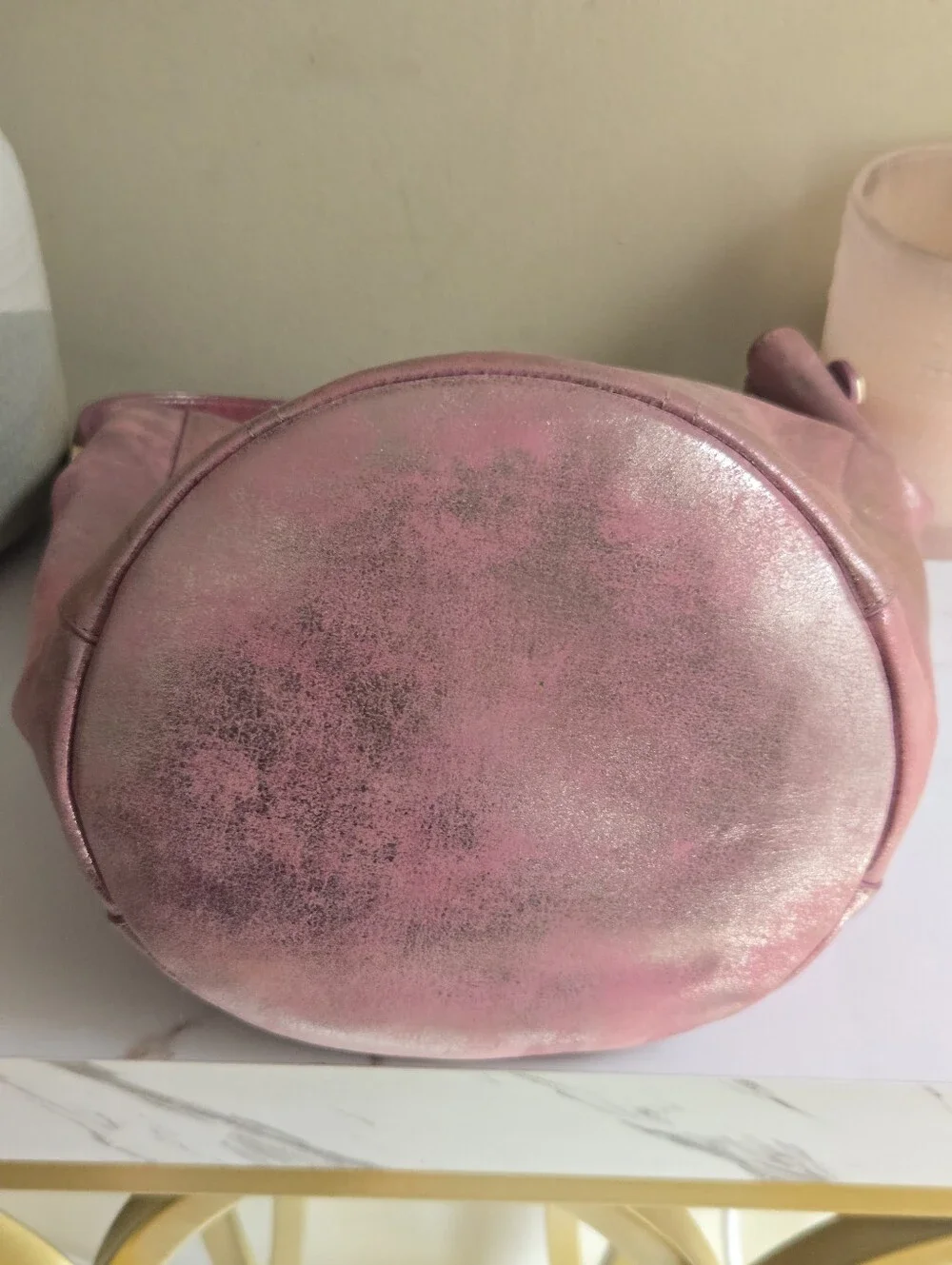 GUC Furla Pink Metallic Leather Hobo Bucket Bag With Strap